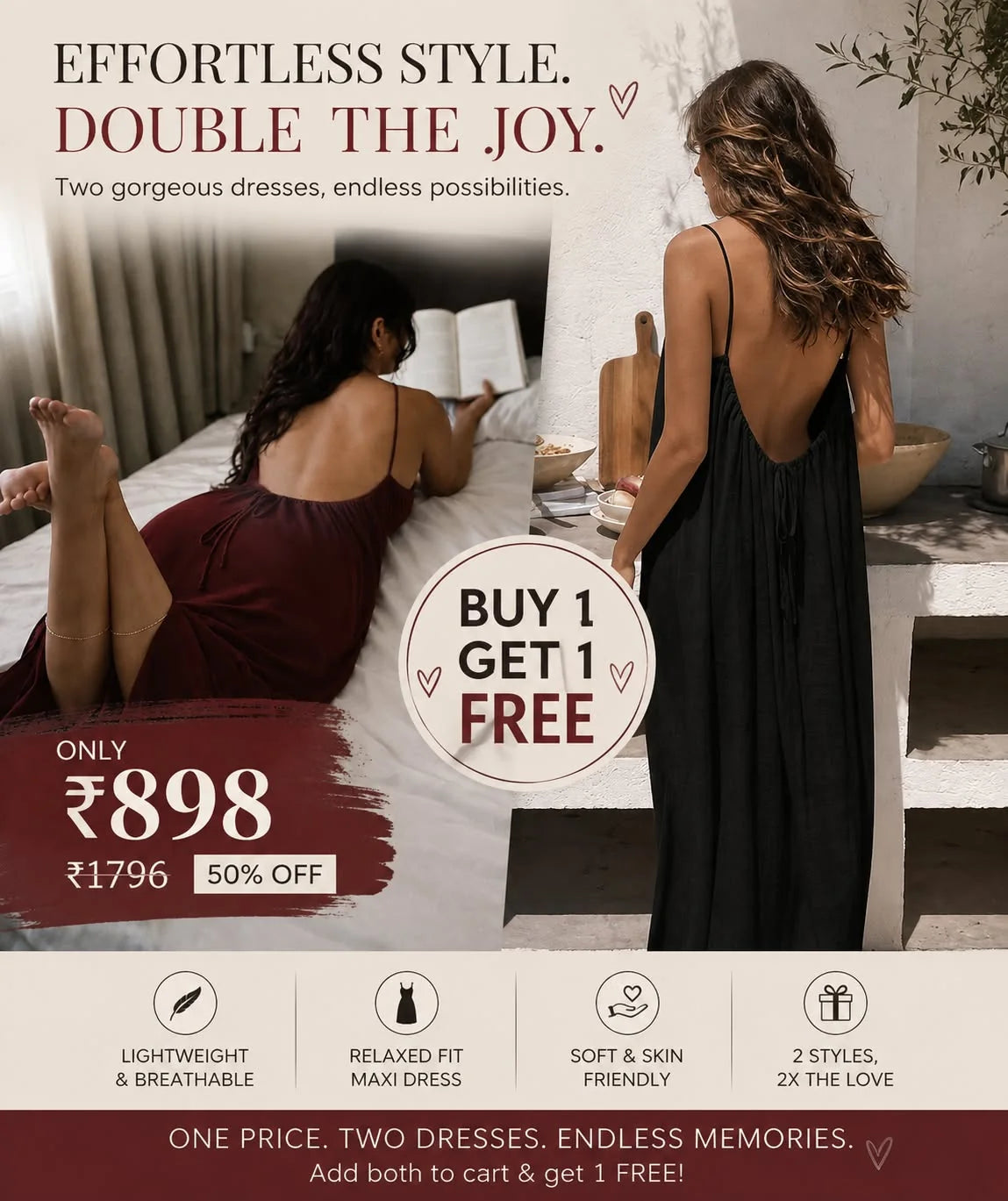 🔥 BUY 1 GET 1 FREE – Open Back Maxi Dress for Women | Stylish, Elegant & Comfortable | Only ₹898