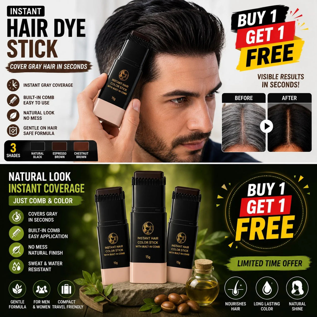 2-in-1 Hair Dye Stick with Comb – Instantly Covers Gray Hair | Buy 1 Get 1 FREE