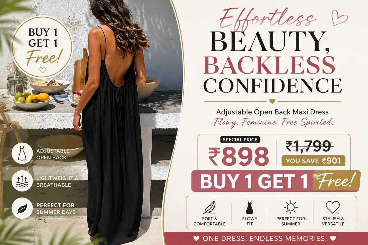 🔥 BUY 1 GET 1 FREE – Open Back Maxi Dress for Women | Stylish, Elegant & Comfortable | Only ₹898