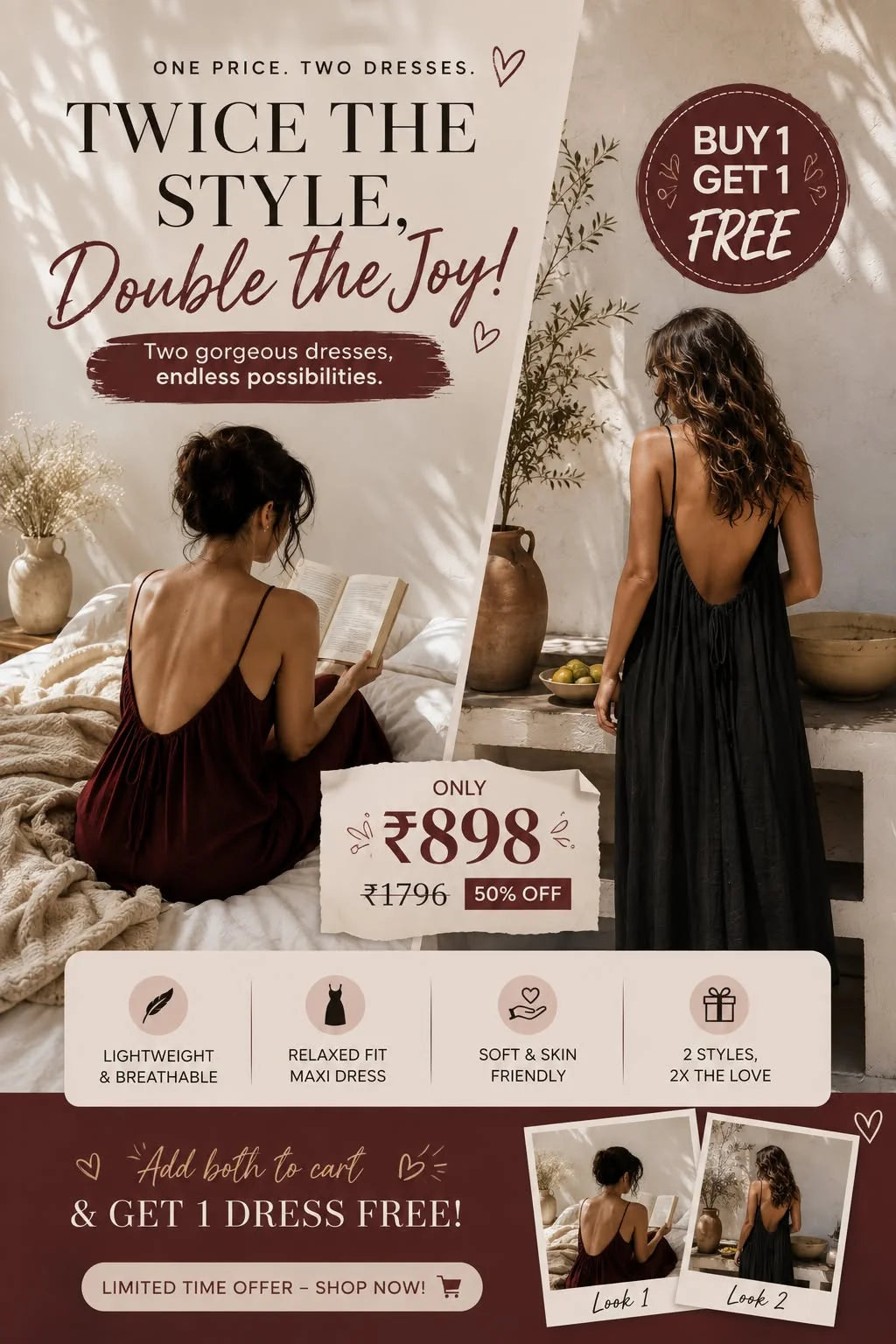 🔥 BUY 1 GET 1 FREE – Open Back Maxi Dress for Women | Stylish, Elegant & Comfortable | Only ₹898