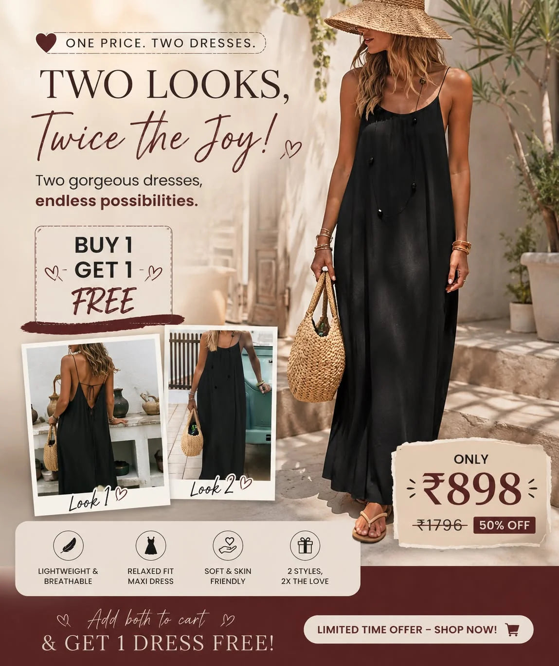 🔥 BUY 1 GET 1 FREE – Open Back Maxi Dress for Women | Stylish, Elegant & Comfortable | Only ₹898