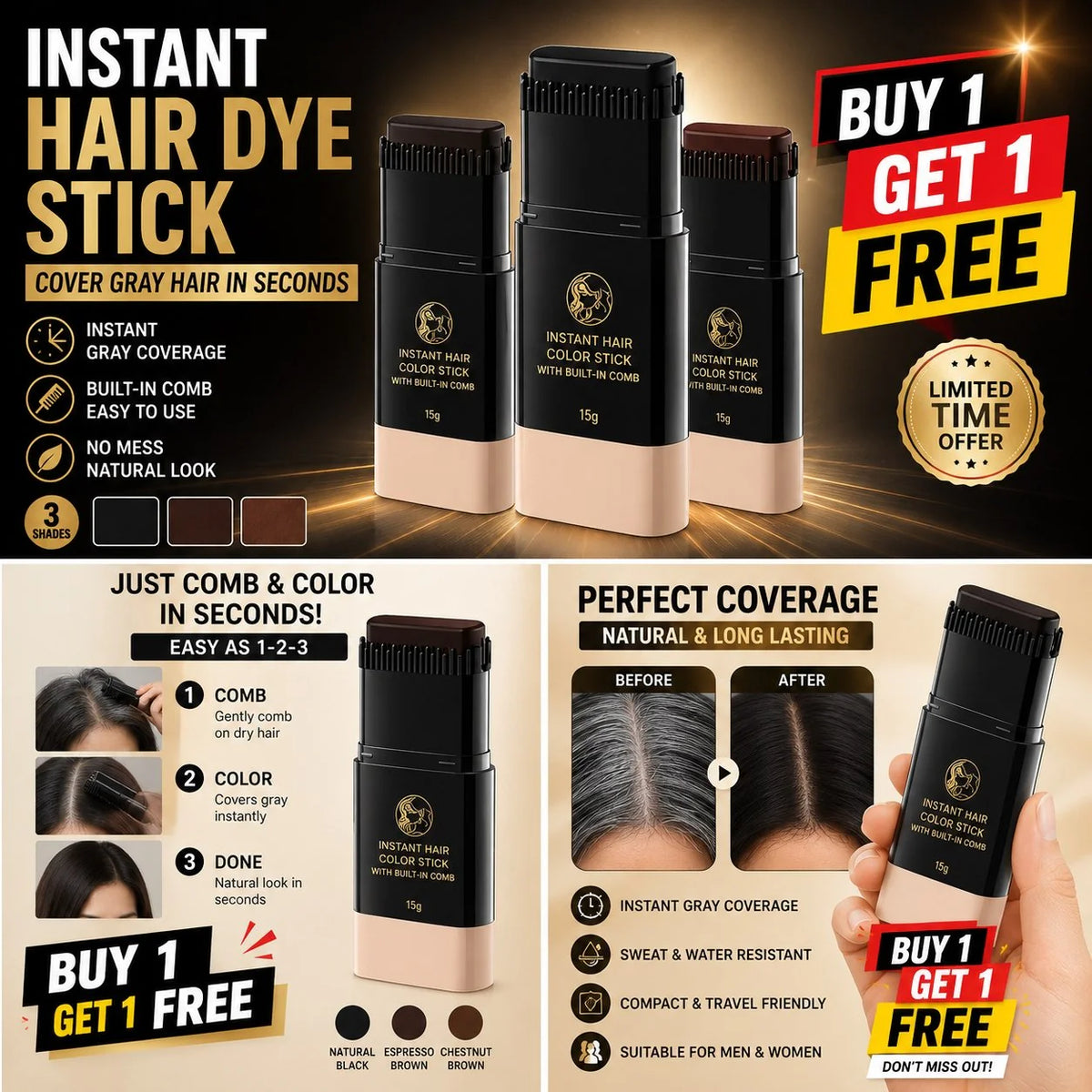 2-in-1 Hair Dye Stick with Comb – Instantly Covers Gray Hair | Buy 1 Get 1 FREE
